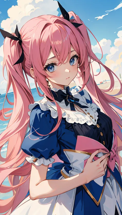 garota anime com cabelo rosa e vestido azul, aesthetic cute with flutter, Arte digital no Pixiv, cabelo rosa twintail e olhos ci...