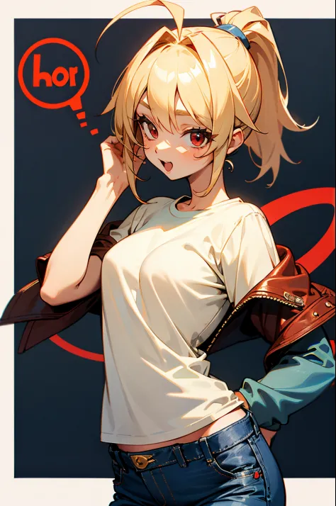 17 years old girl、Blonde ponytail、Ahoge、big round red eyes、small tits、Beautie、White T-shirt、red leather rider jacket、Blue jeans ...