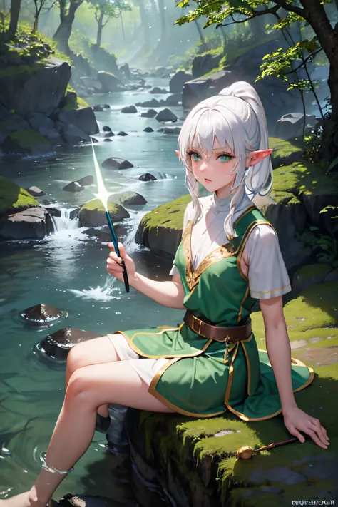 elf, white hair, facing the camera green eyes, ponytail, in the forest, sitting on a rock, beside a river, a rocky outcropping, ...