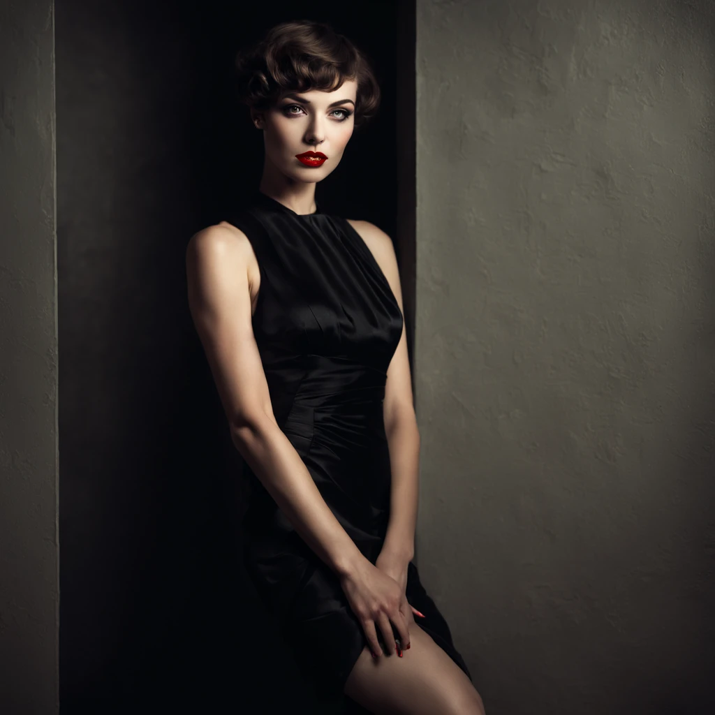 Detailed full-length portrait of an alluring woman sporting a pixie haircut with asymmetrical strands delicately covering one of her enchanting eyes, lips clothed in the glowing allure of bold red lipstick, gracefully adorned in a elegant black sweetheart dress, femme fatale, film noir style, chiaroscuro lighting, high contrast, vintage glamour, ultra-clear, high-resolution digital painting