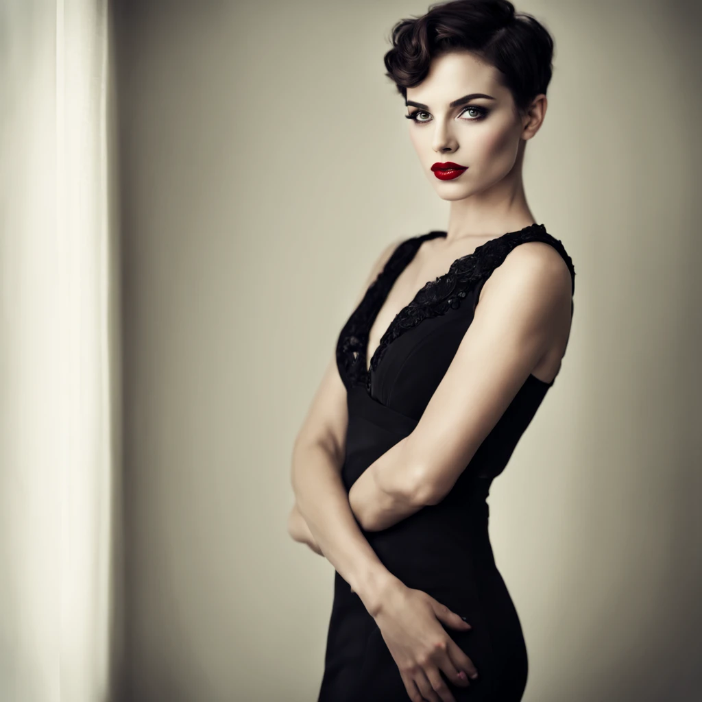 Detailed full-length portrait of an alluring woman sporting a pixie haircut with asymmetrical strands delicately covering one of her enchanting eyes, lips clothed in the glowing allure of bold red lipstick, gracefully adorned in a elegant black sweetheart dress, femme fatale, film noir style, chiaroscuro lighting, high contrast, vintage glamour, ultra-clear, high-resolution digital painting