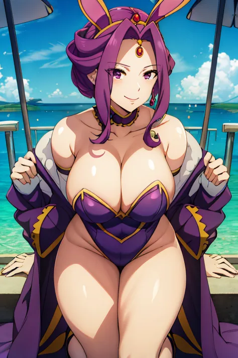 Mirellia Q melromarc, purple bunny costume, loose purple hair, bunny ears, busty, large thights, cleavage, bare leg, sure face, smiling, high heels, curvy body, bishoujo, sexy,