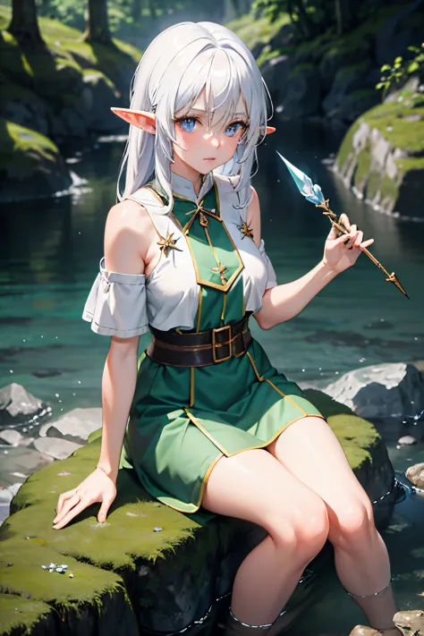 elf, white hair, facing the camera, blur eyes,in the forest, sitting on a rock, beside a river, a rocky outcropping, lighting fr...