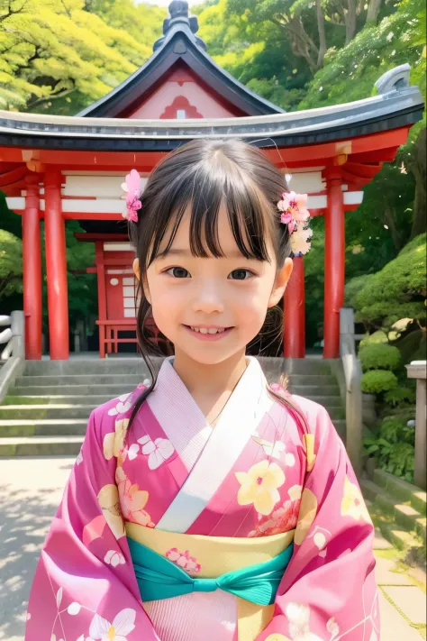 photoRealstic、Japan shrine in the background、３Year old girl、Wearing a kimono to celebrate Shichi-Go-San、Traditional events of Ja...