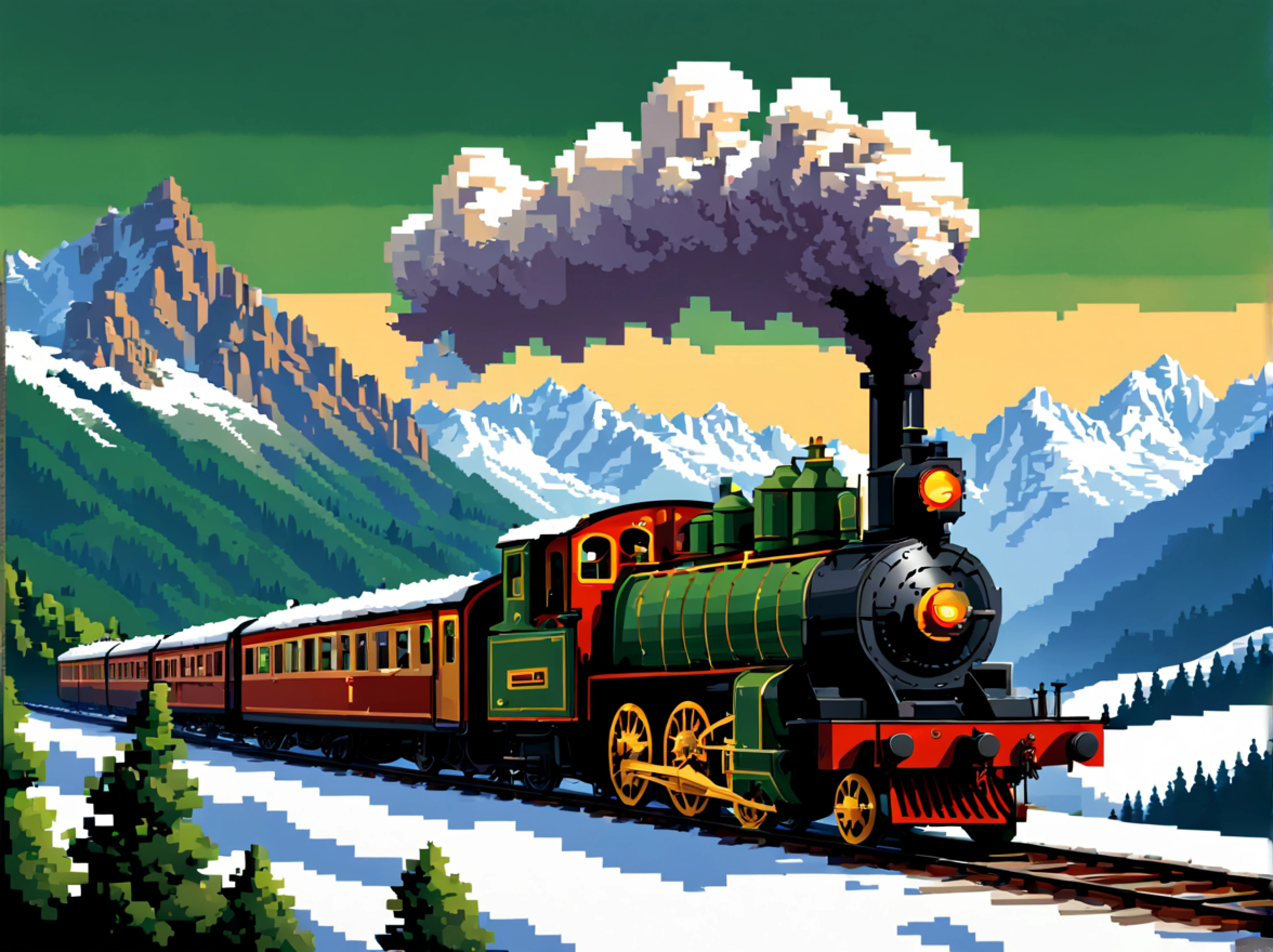 (ドット絵:1.3), (側面図:1.3), 1900 年代初頭のアルプスの絵のように美しい風景を優雅に駆け抜けるビンテージの蒸気機関車の鮮やかなシーン, 複雑なディテールで装飾された列車の細長い車体を展示します, 曲がりくねった道で速度を上げると車輪がリズミカルに回転します, 雄大なアルプスを背景に浮かび上がらせましょう, 雪を頂いた山頂と緑豊かな渓谷は、蒸気機関車という機械の驚異との息を呑むようなコントラストを生み出しています。, この時代を特徴づけた懐かしさと冒険心を凝縮, 太陽の金色の光が、磨かれた金属の表面で踊ります, この時代を超越したシーンに命を吹き込む, 過ぎ去った時代の本質を捉える
