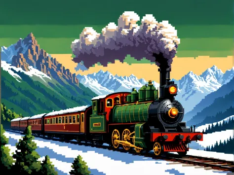 (pixel art:1.3), (side view:1.3), vivid scene of a vintage steam locomotive as it gracefully cuts through the picturesque landsc...