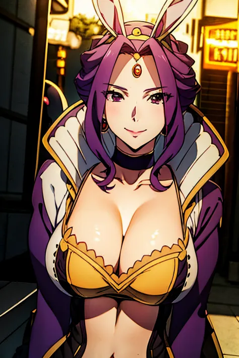Mirellia Q melromarc, purple bunny costume, loose purple hair, bunny ears, busty, large thights, cleavage, bare leg, sure face, smiling, high heels, curvy body, bishoujo, sexy, choker, strapless,