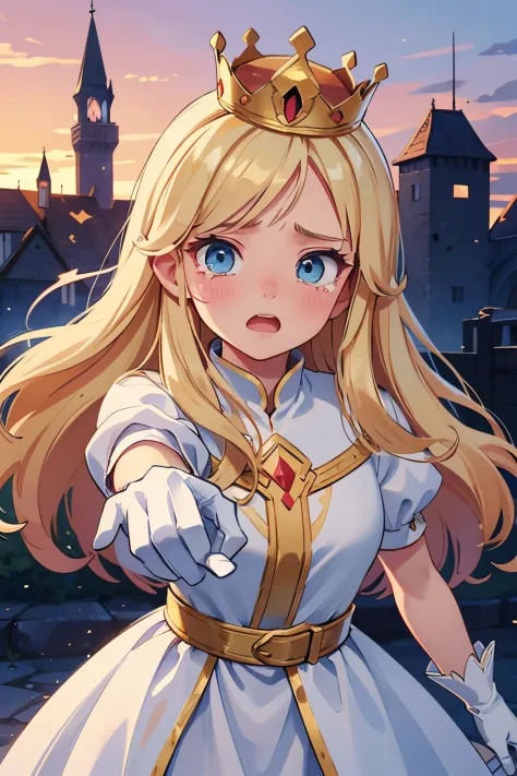 19 years old, long blonde hair, long light blue clothing, white fabrics, light blue eyes, golden crown on her head, white gloves. Medieval times. Destroyed castle background, on fire, sunset. She is reaching out to someone with tears on her face, asking fo...