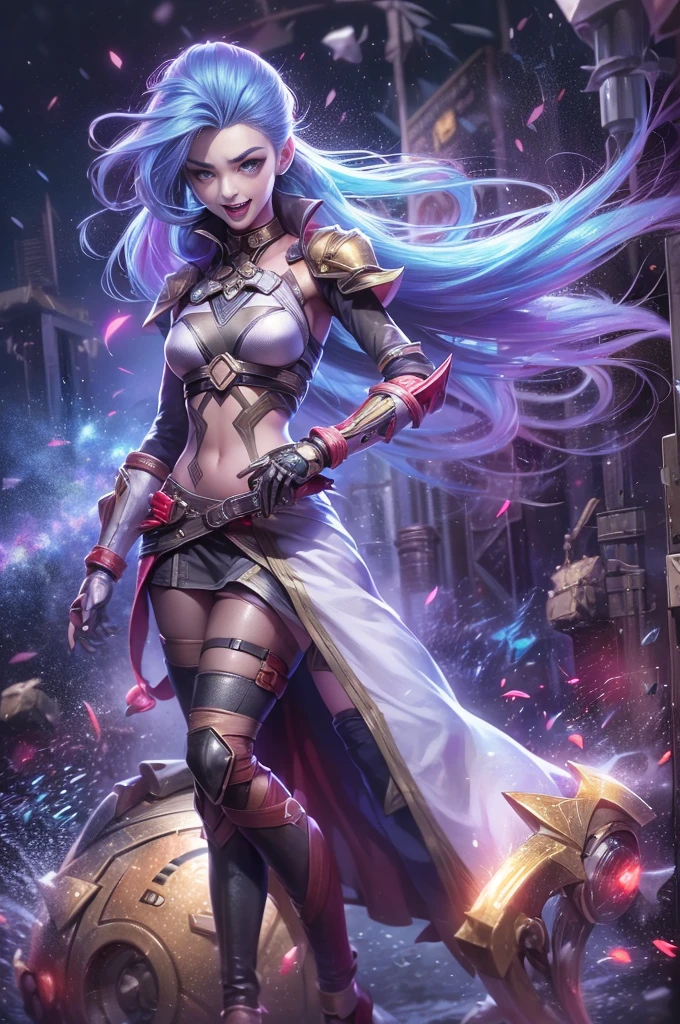 (Long-range shooting: 1.5), jinx \(league of legends\), (1girl，League of Legends Jinx)，(Scarlet eyes: 1.2, crazy laughter, Blue double ponytail hair: 1.5)，Kungfu，Wearing future technology mechanical armor，(Holding a particle laser cannon in hand，a revolver)，Aoshu crystal, Attack status，(Snowy mountain woods，surrounded by rain，League of Legends Game World)，Illustration style，The whole body is exposed to the rain for a long time，(exquisite facial features，Perfect hand features)，martial arts style，(Selective focusing，full body shot of，tmasterpiece，ultra - detailed，Epic work，highest  quality，8k，panorama, first-person view, atmospheric perspective, UHD, masterpiece, ccurate, anatomically correct, textured skin, high details, award winning, best quality), jinxlol, bydylankowalski, BJ_Gundam