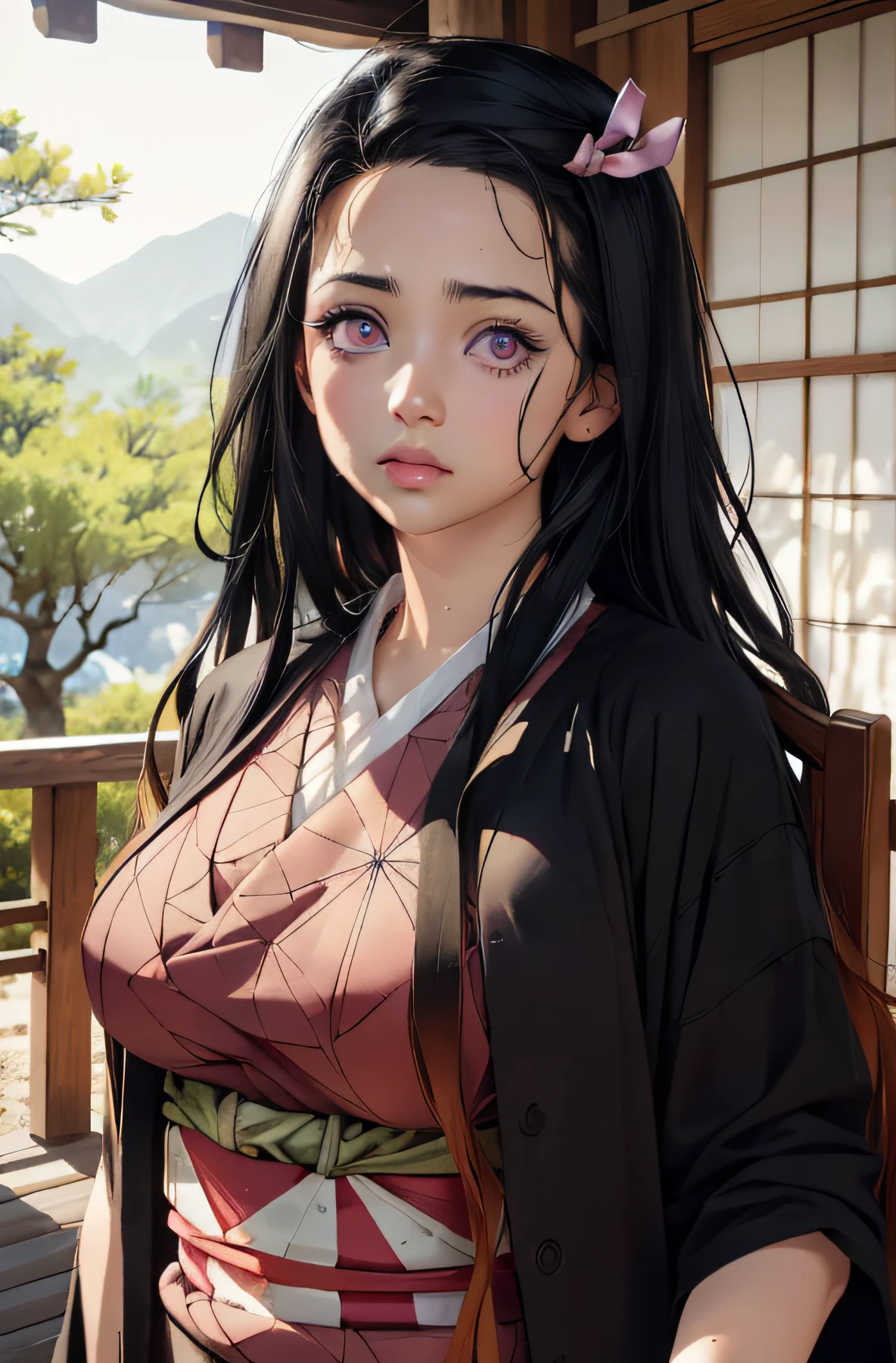 (Ultra Real), (Illustration), (High Resolution), (8K), (Very Detailed), (Best Illustration), (Beautiful Detailed Eyes), (Best Quality), (Ultra Detailed), (Masterpiece), (Wallpaper), (Detailed Face), Night Up Upper Body, Ice Cream,Long Hair,Solo,Simple Kimono Top Girl, Sweaty, Japan Person, Big Tits, (Camel Toe) Nezuko Kamado,