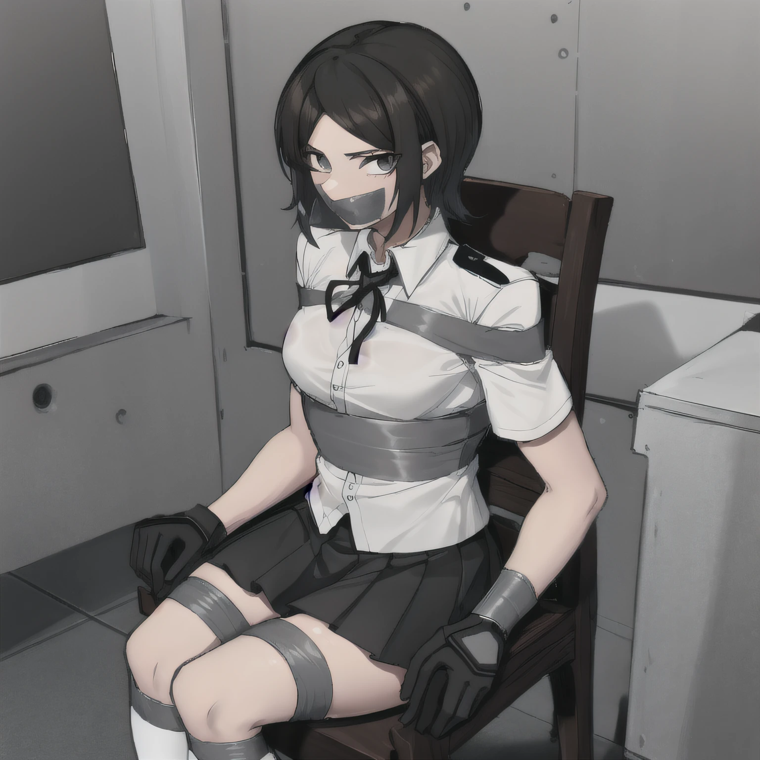 Anime girl sitting in chair with tied up neck and stockings - SeaArt AI