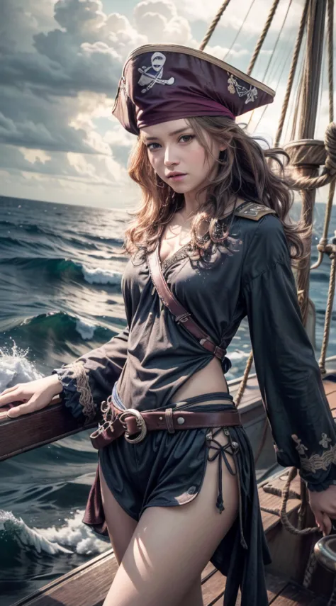 (masterpiece, best quality, award winning, highres), 1 beautiful female pirate, skinny, tall, pirate hat, intricate pirate cloth...