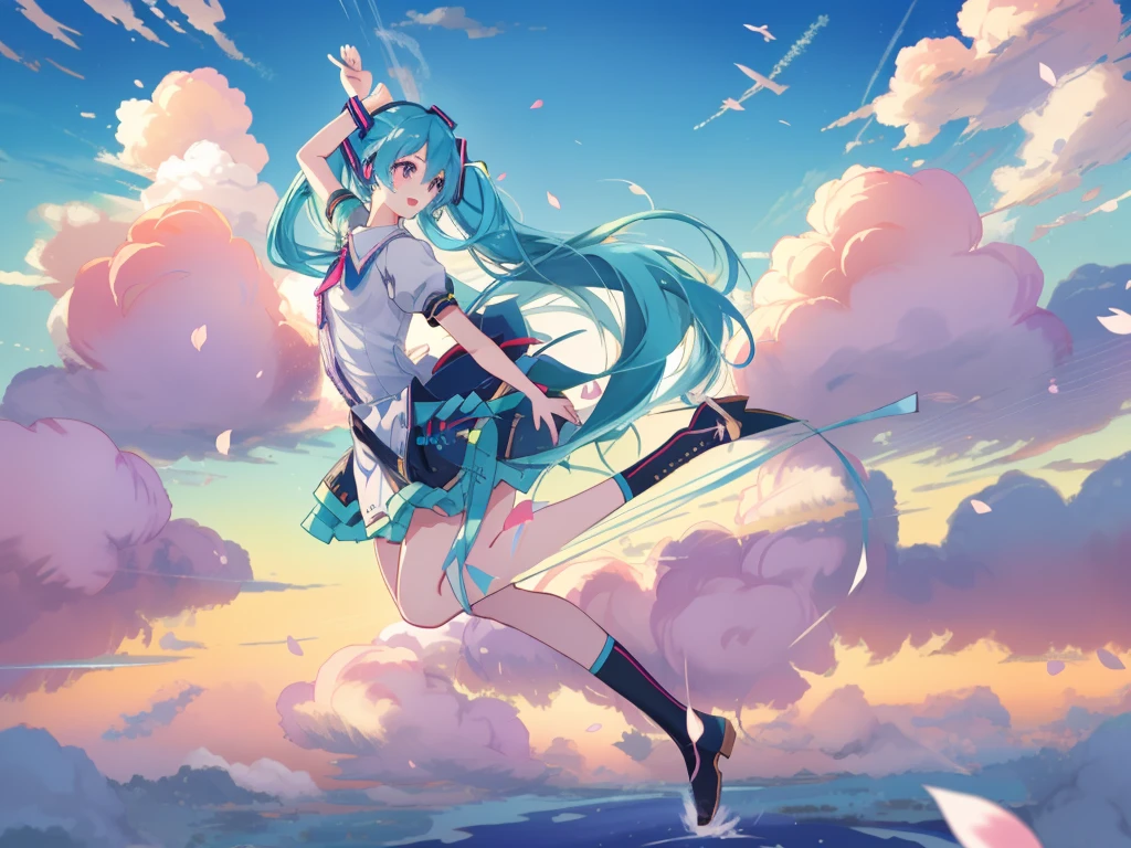 A Hatsune Miku dressed as Lolita，Picture of flying with a bow, running pose, the anime girl is running, jumping posture, dynamic pose perspective, anime pose,posture gesture, dynamic perspective pose, Dynamic Action Pose, full bodyesbian!!Dynamic Action Pose， Anime keyframes， Dynamic poses and perspectives， dynamic extreme shortening， key frame diagram， pixiv pixiv， Digital art on Pixiv， Pixiv style， zerochan art， sakura petals around her，Blue sky in background， pixiv contest winner， at pixiv， Guviz， anime moe art style