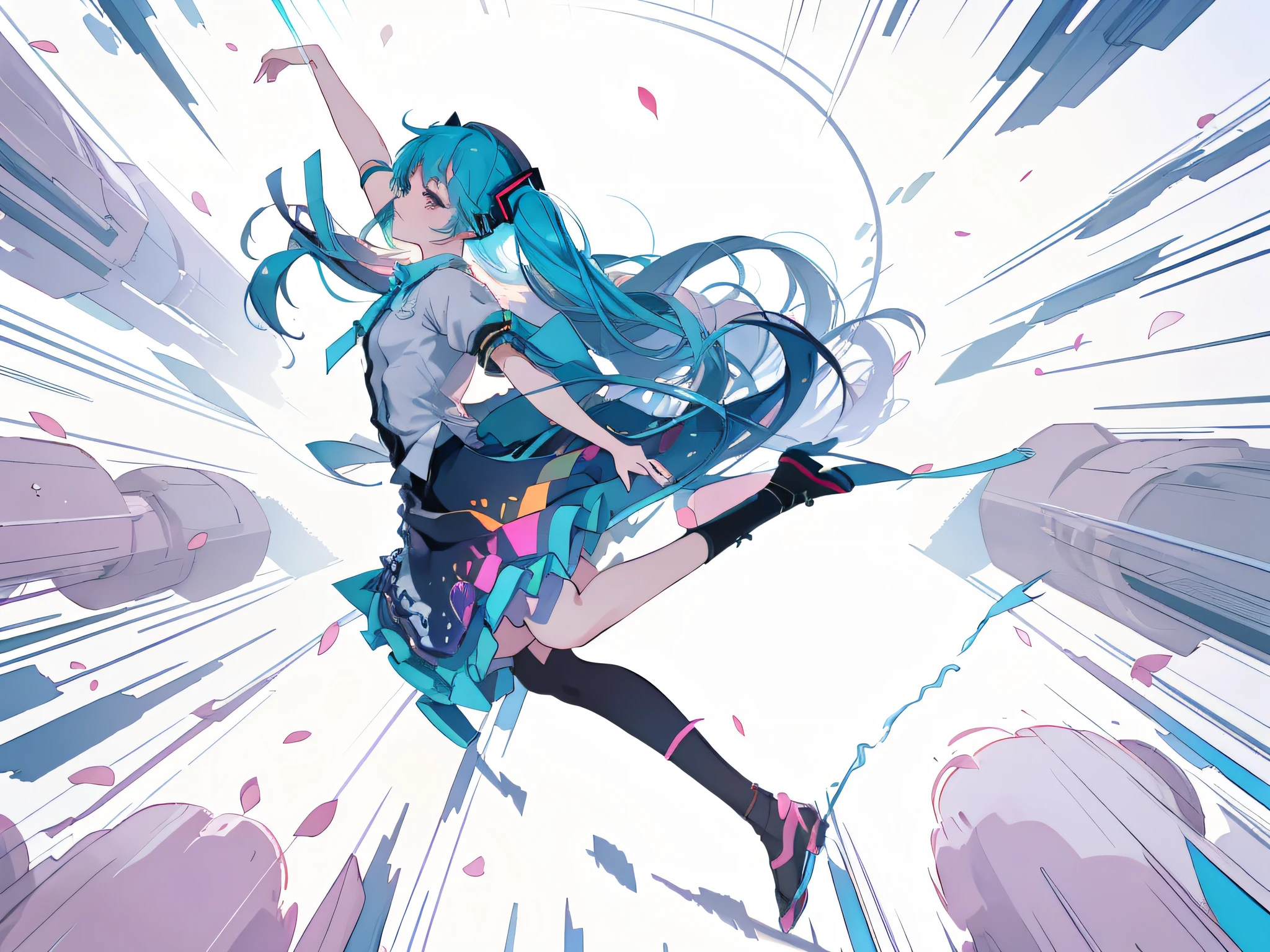 A Hatsune Miku dressed as Lolita，Picture of flying with a bow, running pose, the anime girl is running, jumping posture, dynamic pose perspective, anime pose,posture gesture, dynamic perspective pose, Dynamic Action Pose, full bodyesbian!!Dynamic Action Pose， Anime keyframes， Dynamic poses and perspectives， dynamic extreme shortening， key frame diagram， pixiv pixiv， Digital art on Pixiv， Pixiv style， zerochan art， sakura petals around her，Blue sky in background， pixiv contest winner， great light and shadows，Great light and shadow，White light and shadow，Front side light，pixiv gurvitz， anime moe art style