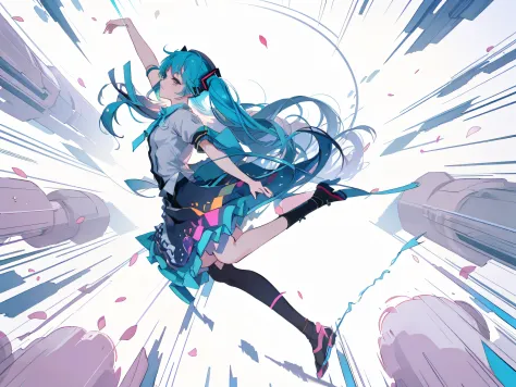 a hatsune miku dressed as lolita，picture of flying with a bow, running pose, the anime girl is running, jumping posture, dynamic...