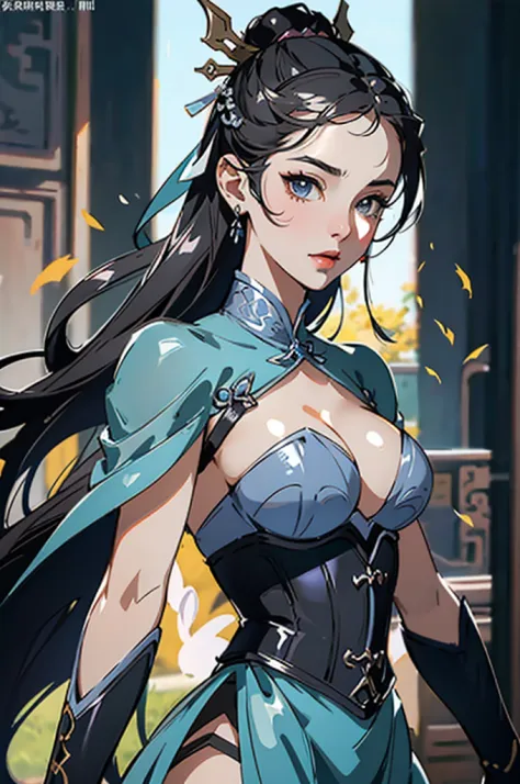 close up shot of a woman in a silver and blue dress, silver armor, large breasts, cleavage, chengwei pan on artstation, by yang ...