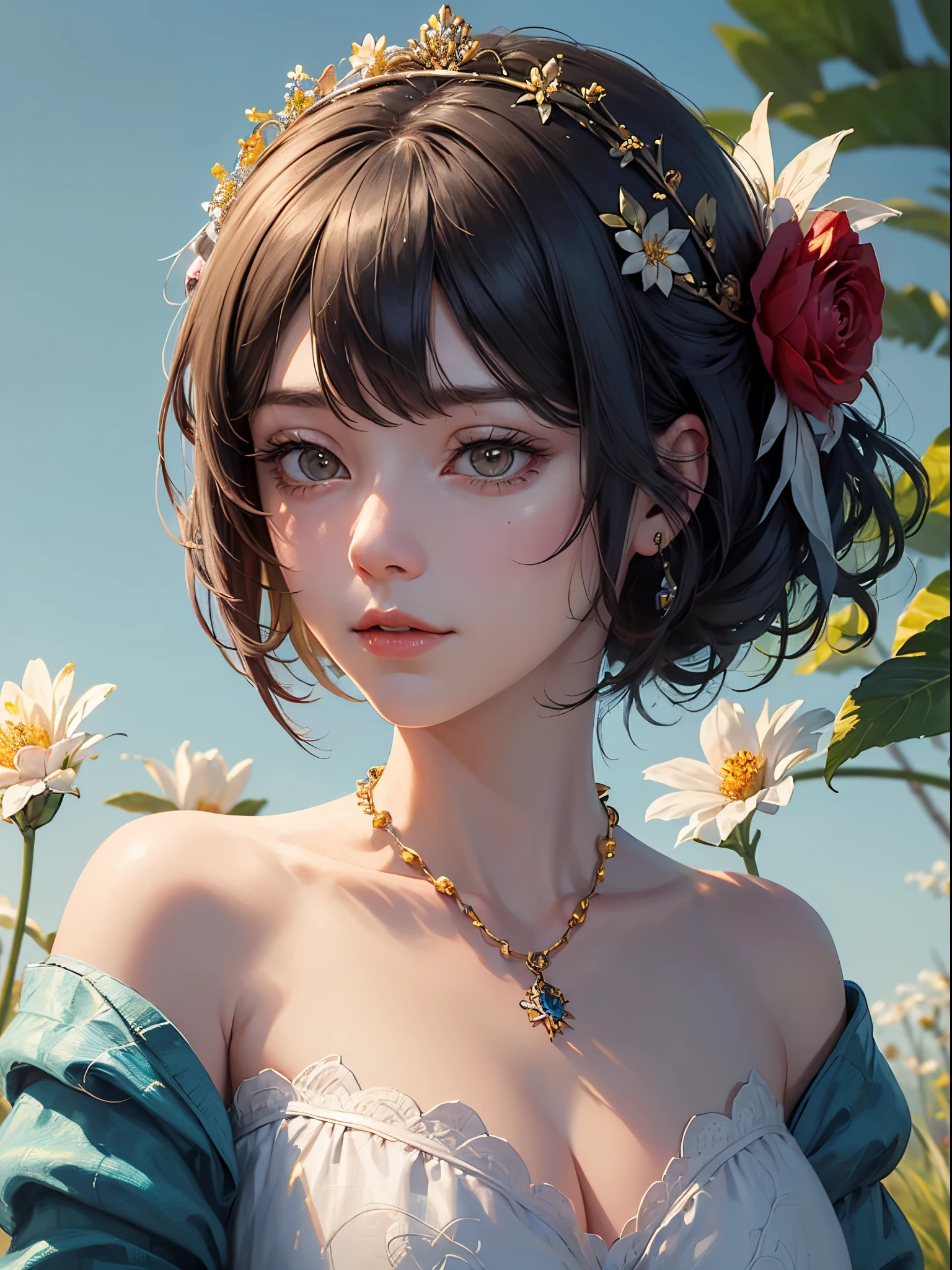 (masterpiece), (highest quality), (illustration), (super detailed), (high resolution), absurdity, one girl, short hair, close up, potrait, flower and accessories in head, ancient necklace, queen of flower, front view, shoulder off, medium breast, floral girl, plain dark background, focused, 8k, 4k, ultradetailed