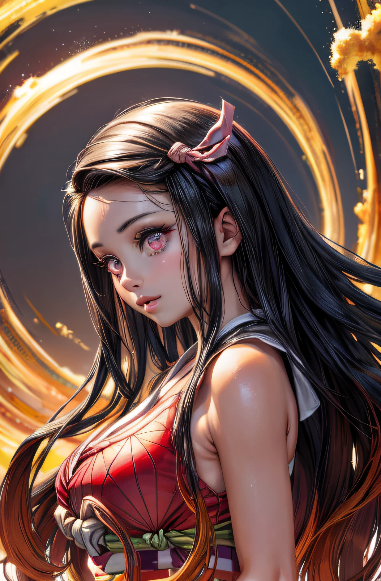 (Ultra Real), (Illustration), (High Resolution), (8K), (Very Detailed), (Best Illustration), (Beautiful Detailed Eyes), (Best Quality), (Ultra Detailed), (Masterpiece), (Wallpaper), (Detailed Face),Red Eyes, Night Up Upper Body, Ice Cream,Long Hair,Solo,Simple Kimono Top Girl, Sweaty, Japan Person, Big Tits, (Camel Toe) Nezuko Kamado, Flirty Smile,