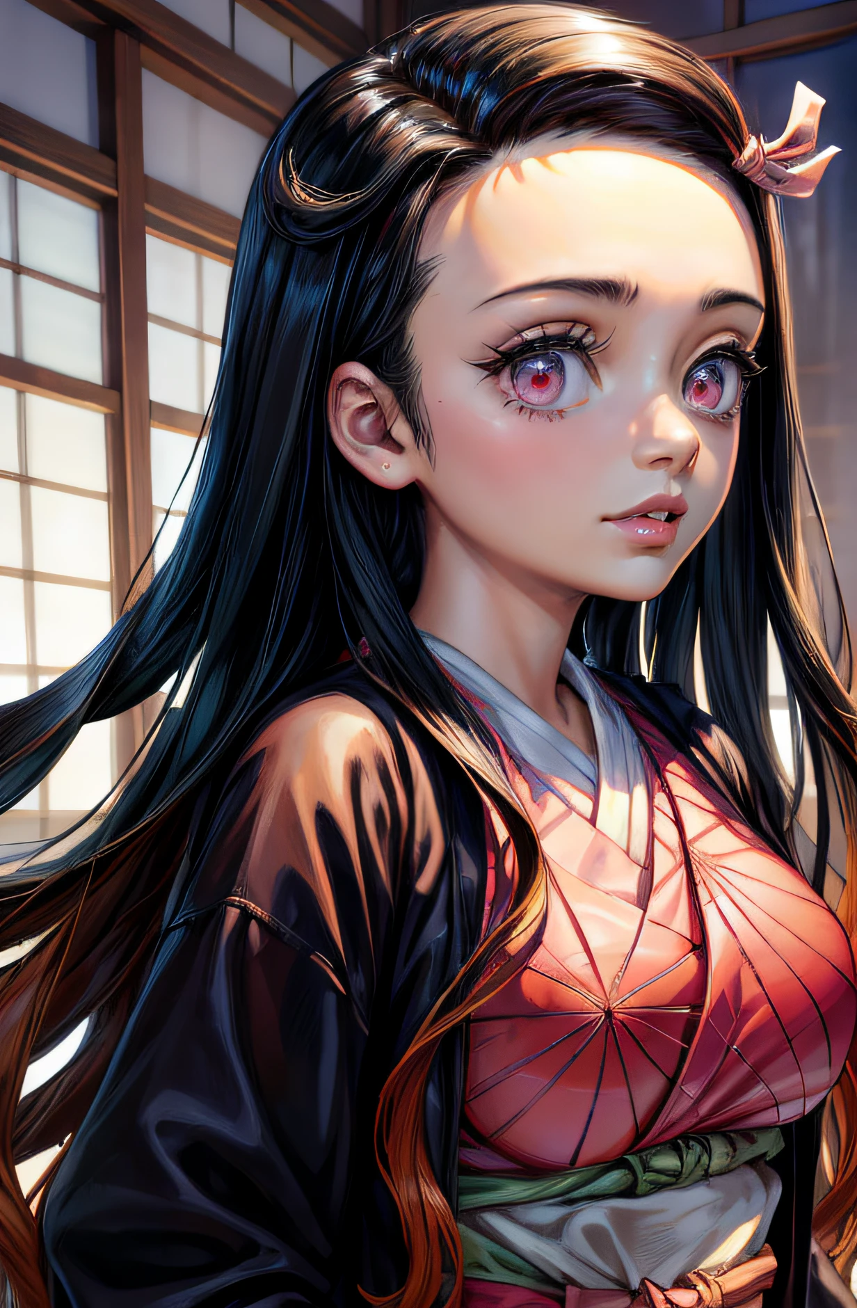 (Ultra Real), (Illustration), (High Resolution), (8K), (Very Detailed), (Best Illustration), (Beautiful Detailed Eyes), (Best Quality), (Ultra Detailed), (Masterpiece), (Wallpaper), (Detailed Face),Red Eyes, Night Up Upper Body, Ice Cream,Long Hair,Solo,Simple Kimono Top Girl, Sweaty, Japan Person, Big Tits, (Camel Toe) Nezuko Kamado, Flirty Smile,