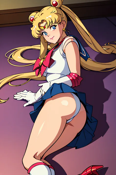 masterpiece, best quality, absurdres, perfect antomy, 1girl, solo, SMMoon, 1990s \(style\), blonde sailor moon, standing, smile, cowboy shot, sailor senshi uniform, sailor collar, blue skirt, elbow gloves, big booty, ultra mini skirt , jewelry, earrings, l...