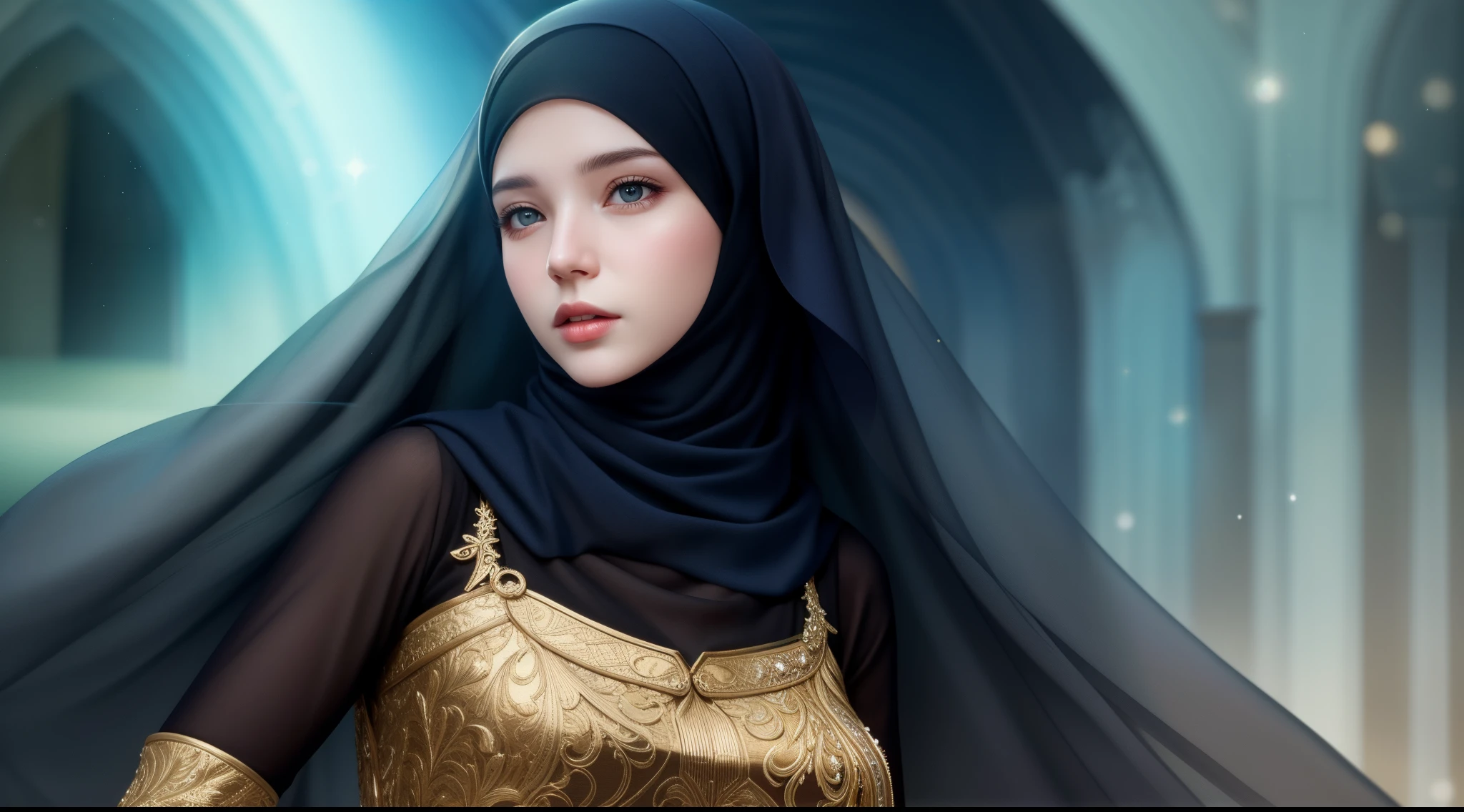 best quality, masterpiece, highres, moslem female dress, necklace, Beautiful face, (upon body from head to waist:1.37), tyndall effect, photorealistic, dark studio, rim lighting, two tone lighting, 8k uhd, dslr, soft lighting, high quality, volumetric lighting, candid, Photograph, high resolution, 4k, 8k, Bokeh, (hyperrealistic girl), (illustration), (high resolution), (extremely detailed), (best illustration), (beautiful detailed eyes), (best quality), (ultra-detailed), (masterpiece), (wallpaper), (photorealistic), (natural light), (rim lighting), (detailed face), (high detailed realistic skin texture), (anatomically correct), (solo), (1 woman), (heterochromic eyes), (detailed eyes), (sparkling eyes), (long legs), (big breasts), (dynamic pose), (concentrated expression), (wearing hijab:1.4), moslem headscarf.