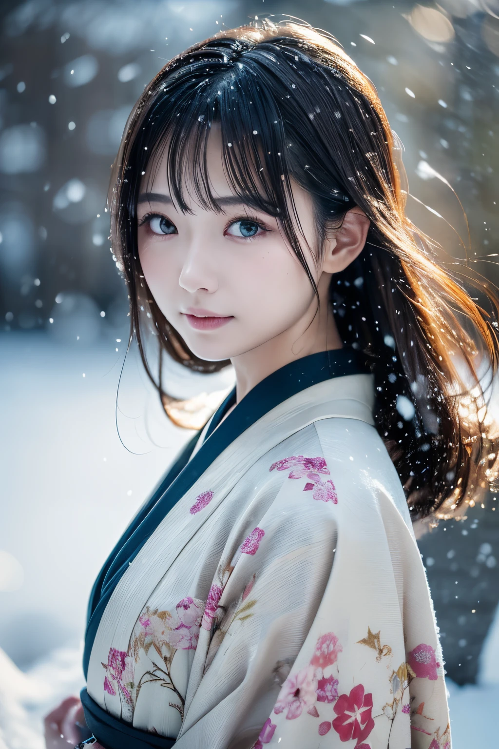 (Kimono)、、(top-quality,​masterpiece:1.3,超A high resolution,),(ultra-detailliert,Caustics),(Photorealsitic:1.4,RAW shooting,)Ultra-realistic capture,A highly detailed,high-definition16Kfor human skin、 Skin texture is natural、１４age、The skin looks healthy with an even tone、 Use natural light and color,One Woman,japanes,,kawaii,A dark-haired,Middle hair,(depth of fields、chromatic abberation、、Wide range of lighting、Natural Shading、)、、(Falling snow:1.3)、(Hair swaying in the wind:1.3)、(Snow reflects light:1.3)