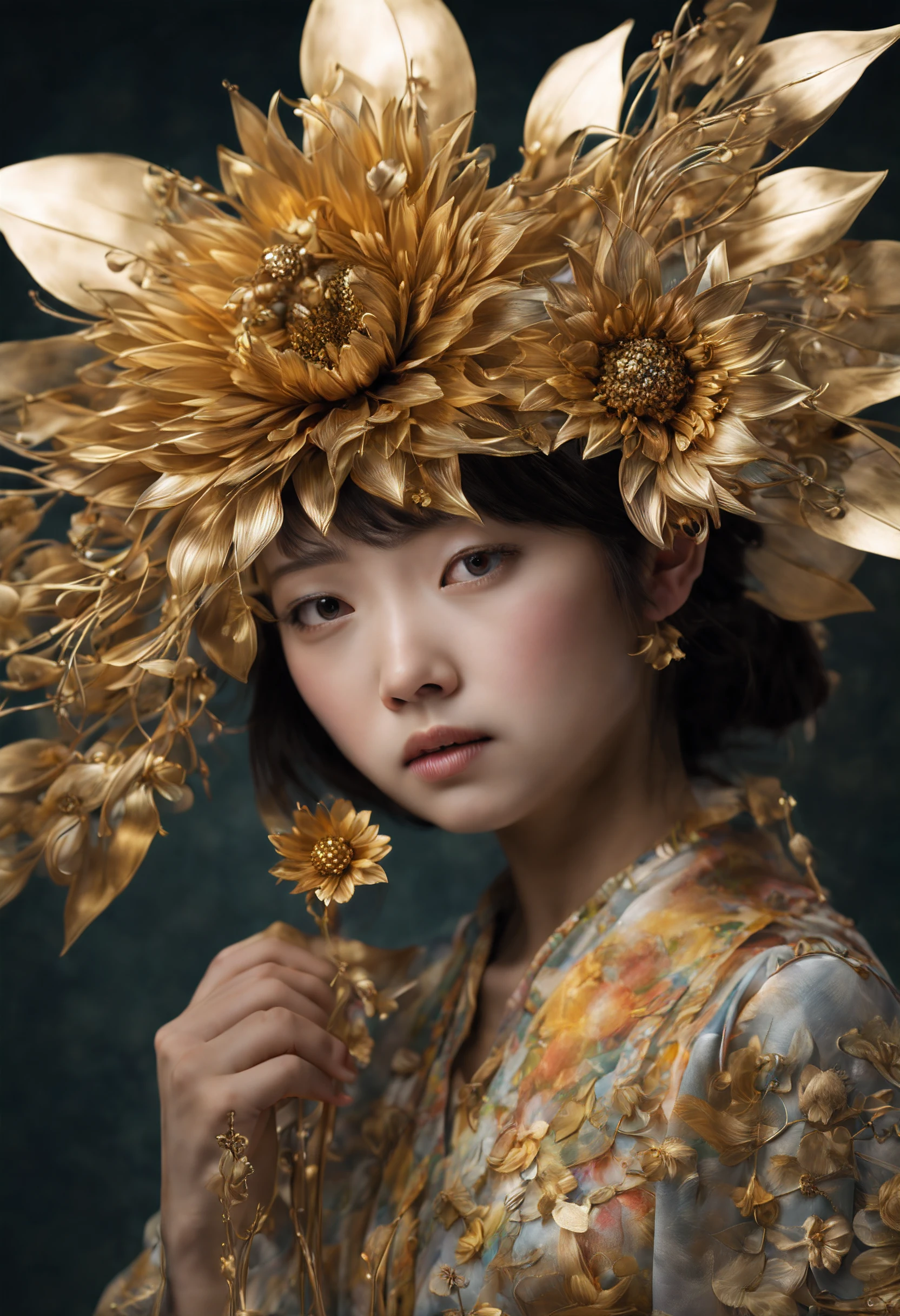 absurdos, retrato de uma linda garota japonesa segurando uma flor de metal ,metálico flowers, girassóis dourados, metálico, artesanato delicado, Brilho metálico, brilho metálico único, detalhes finos, thin and soft metálico petals, Efeito translúcido, centro de fio de metal intrincado, aparência requintada e ornamentada, profundidade de campo, premiado, ((colorida))