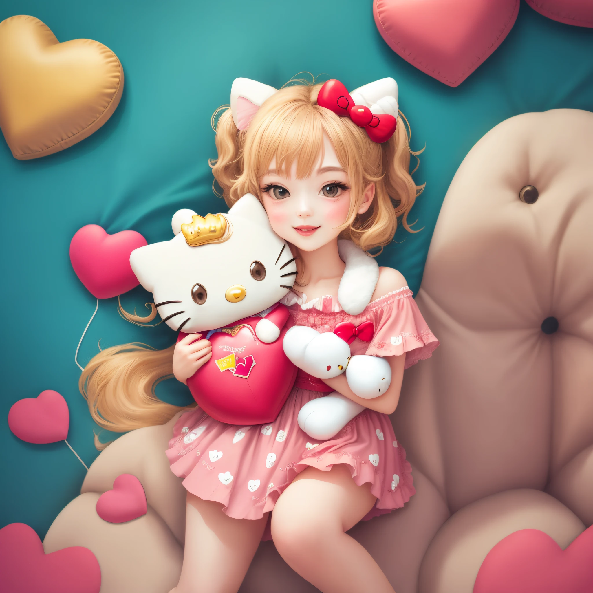 Anime girl with a hello kitty doll and a heart shaped pillow - SeaArt AI