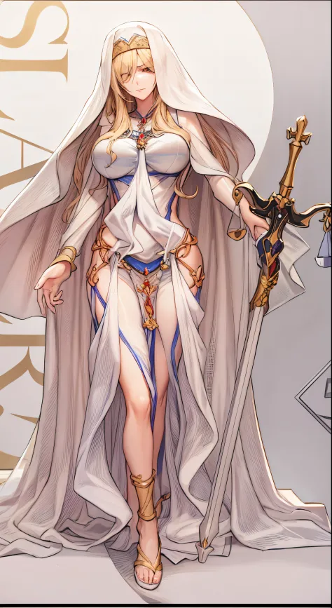 A woman in a white dress holds a sword and sword, zodiac knight girl, anime goddess, Goddess Hera looked angry, the goddess artemis smirking, A flowing white robe, White and gold priestess robe, Zodiac Girl Knight Portrait, Greek Titan goddess Themis, gree...