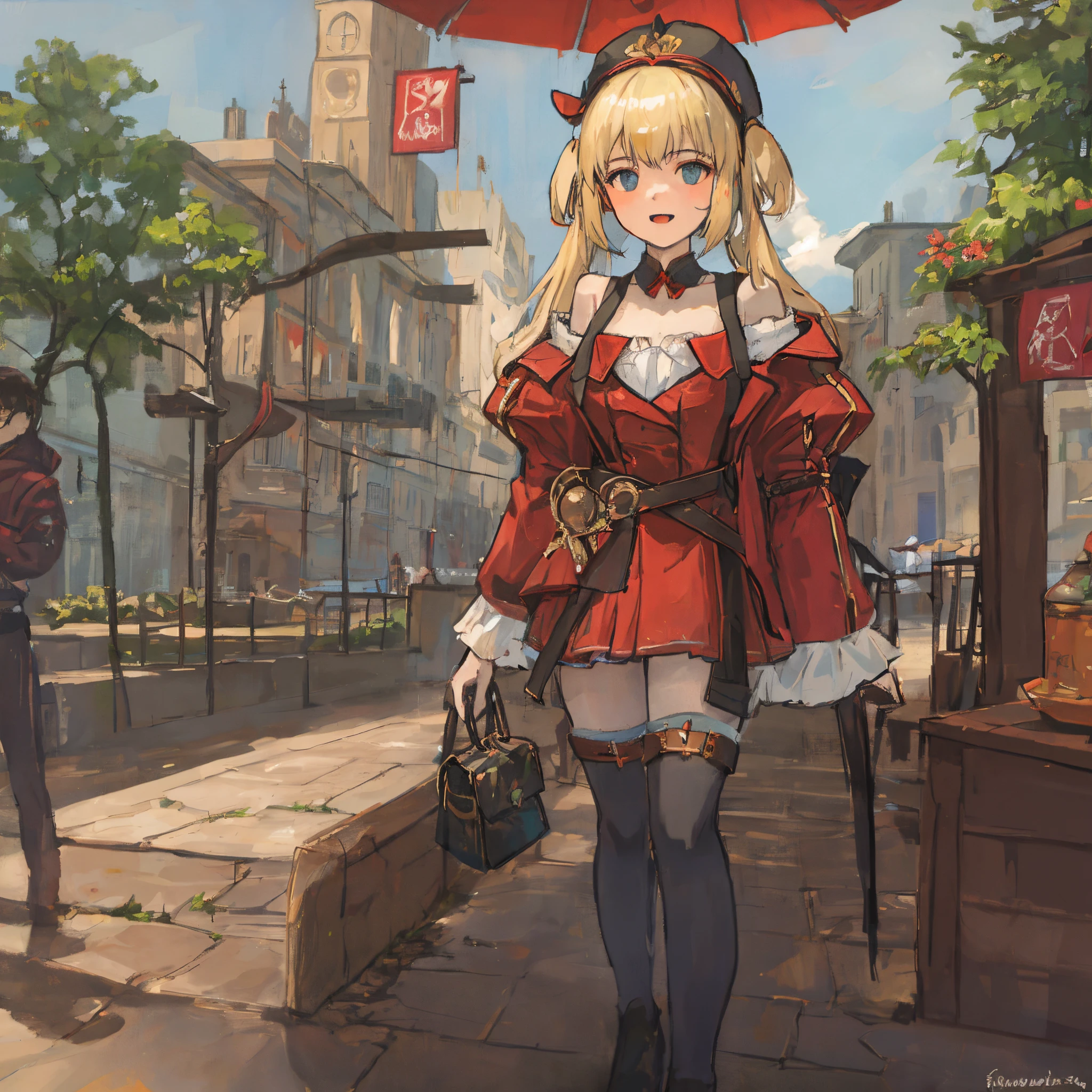 Anime girl in red coat and hat walking down a street - SeaArt AI