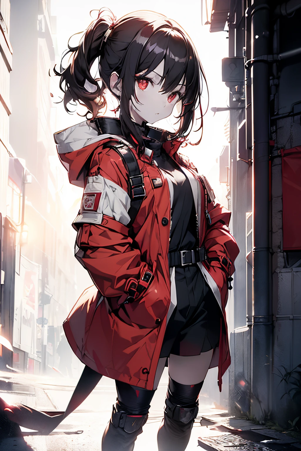Full body, (masutepiece:1.2, Best Quality),(beautifull detailed face), High contrast, (Best Illumination, Extremely delicate and beautiful), ((Cinematic Light)), Dramatic light, Intricate details,(Pale white background:1.5), oversized red coat, Hands in pockets, Black hair, Red Eyes, body harnesses, Side tail hair,black military uniform, black skirt
