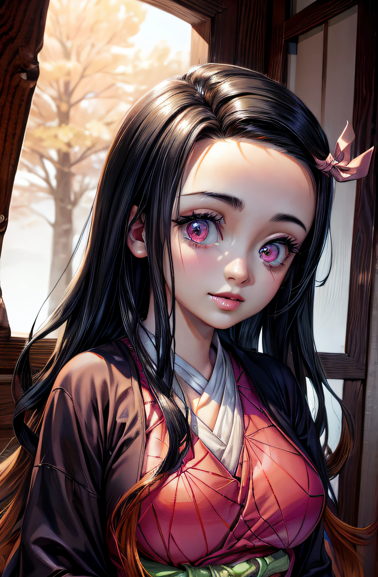 (Ultra Real), (Illustration), (High Resolution), (8K), (Very Detailed), (Best Illustration), (Beautiful Detailed Eyes), (Best Quality), (Ultra Detailed), (Masterpiece), (Wallpaper), (Detailed Face),Red Eyes, Night Up Upper Body, Ice Cream,Long Hair,Solo,Simple Kimono Top Girl, Sweaty, Japan Person, Big Tits, (Camel Toe) Nezuko Kamado, Flirty Smile,