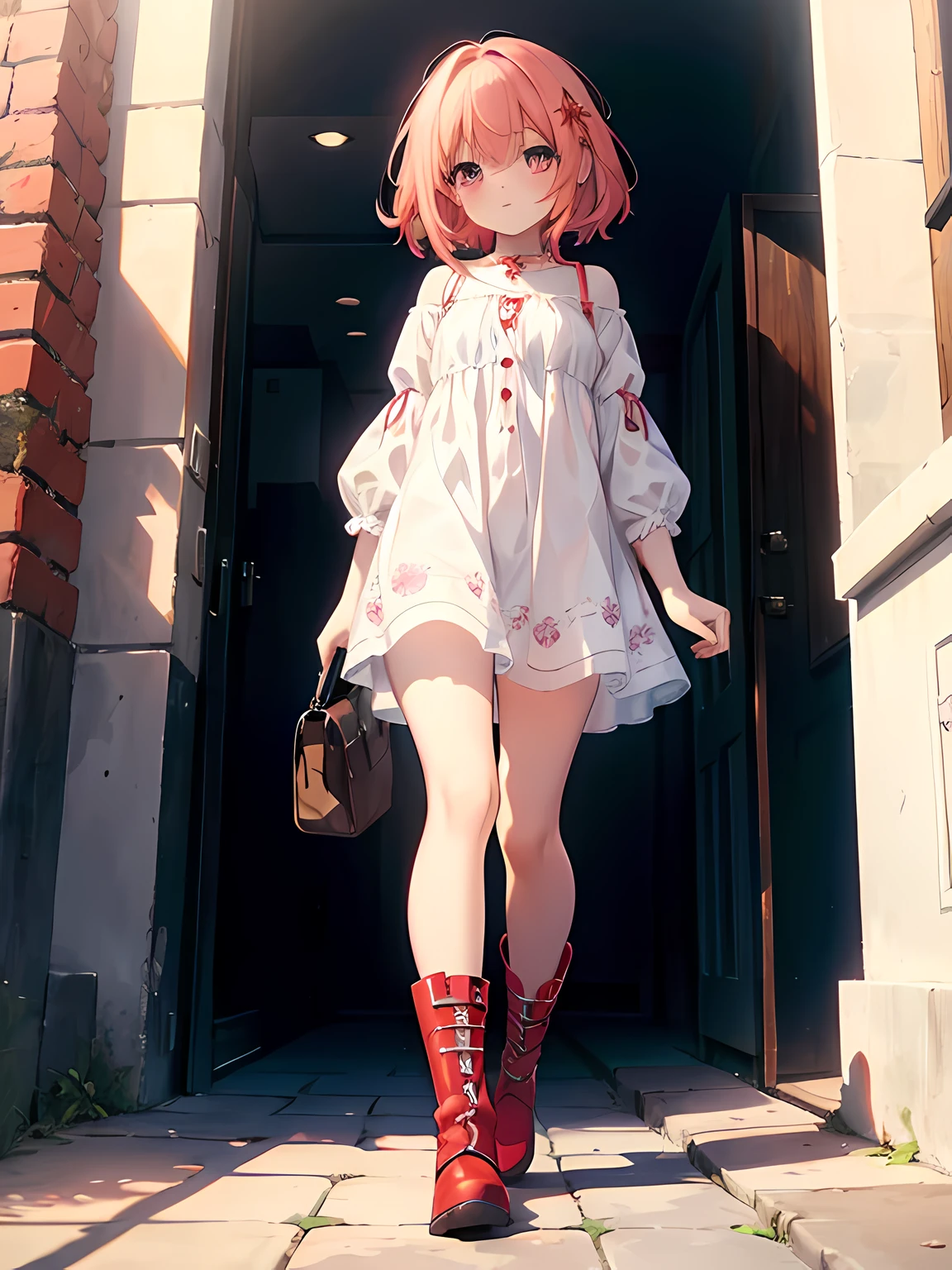 Anime girl in white dress and red boots walking out of a doorway - SeaArt AI