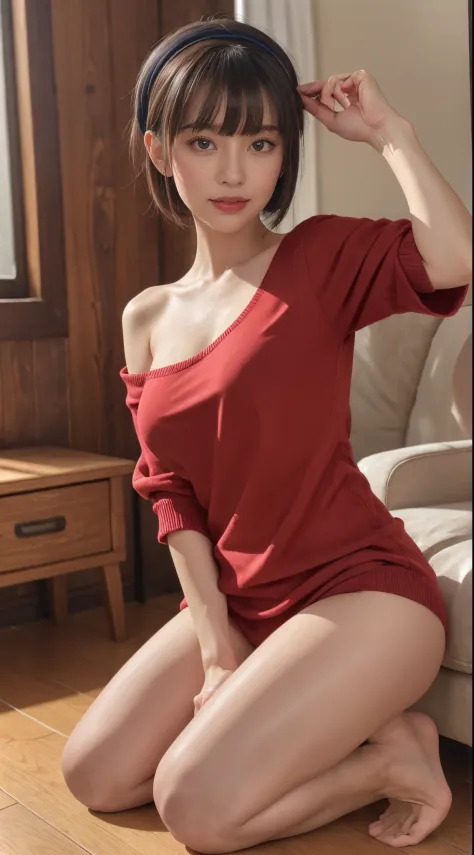 1girl, solo, Yor Forger, yor, 1girl, solo, off-shoulder sweater, red sweater, collarbone, black hair, red eyes, black hair, short hair, short hair with long locks, bangs, sidelocks, white hairband, looking at viewer, (masterpiece:1.2), highres, best qualit...