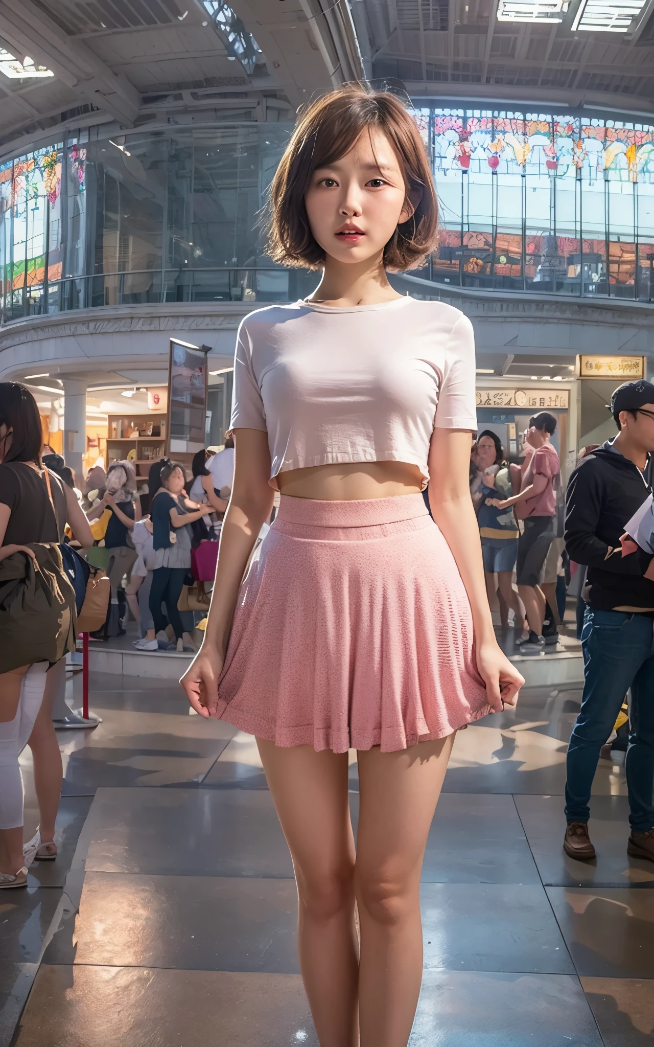 extremely detailed CG unity 8k wallpaper, best quality, ultra-detailed, masterpiece, realistic, photo realistic, extremely detailed cute girl, 20years old, (((skirt lift by myself))), (lifted by self),  panties , panties focus, blush, parted lips, looking at viewer  , half body shot  , (crowd), (crowded museum) , short bob cut