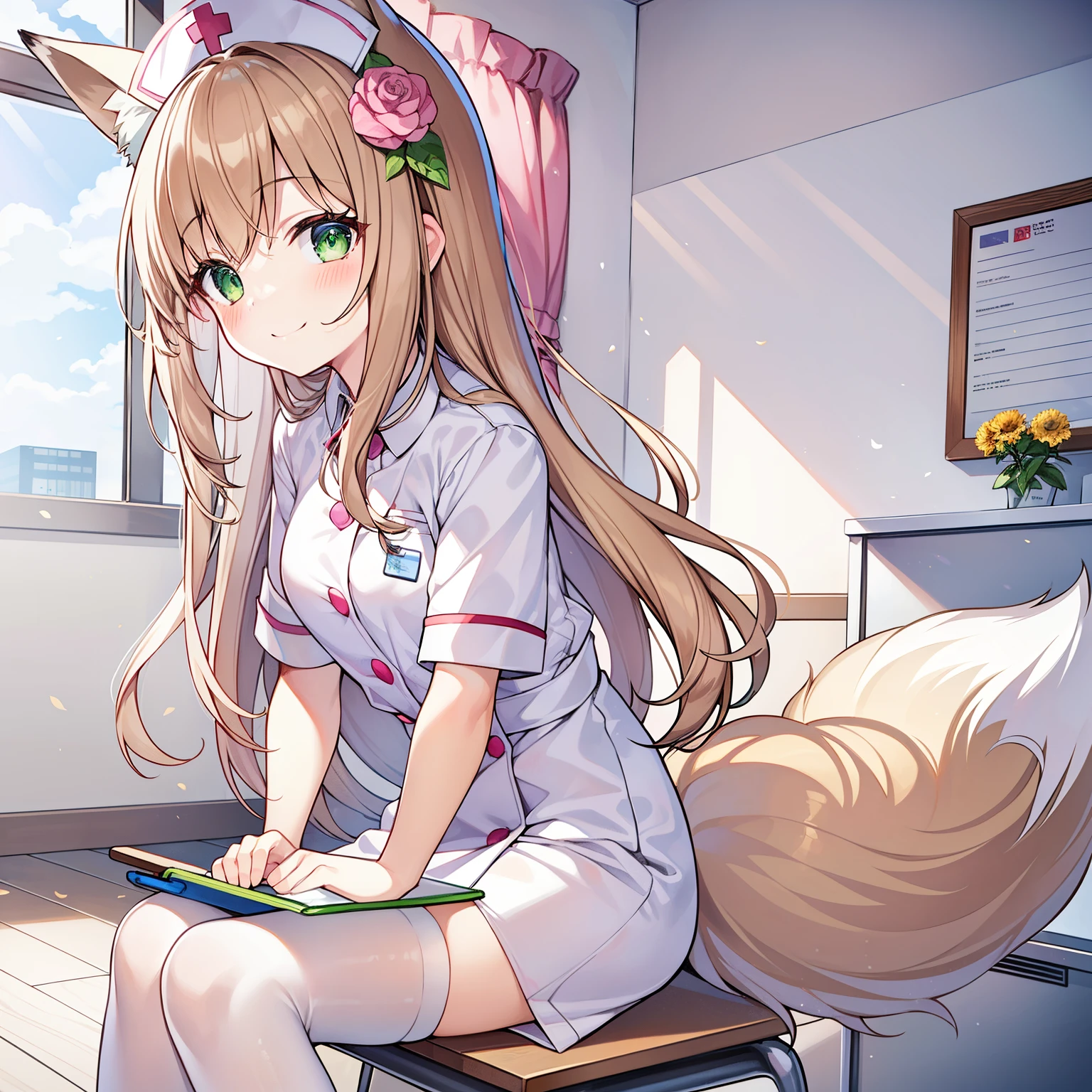 (tmasterpiece, Best quality at best, A high resolution), 1 girl, Alone, Oversized fox tail，Green-eyed，(Brown hair long)，Small flower headdress, (9 years old_Cute loli)，modernn architecture，A MILF，In the school infirmary_Play the role of a nurse，Sit on a small stool，Wearing a white nurse's uniform_White stockings，Hold a notepad，ssmile，seen from the side，