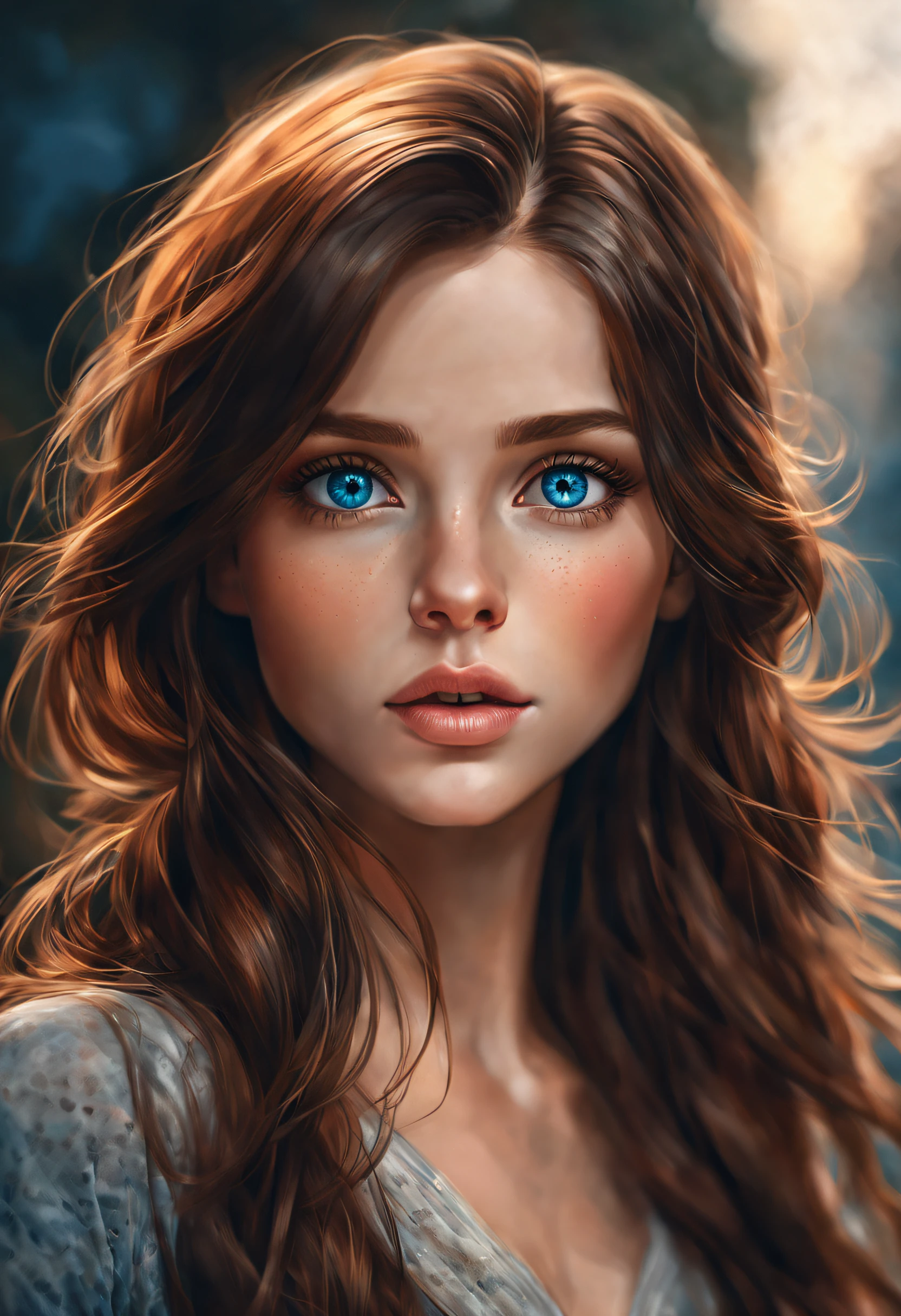 best quality,ultra-detailed,realistic,brown-haired girl,blue eyes,portraits,illustration,beautiful detailed lips and eyes,vibrant colors,soft lighting,captivating gaze,natural scenery,flowing hair,serene expression,artistic rendering,fine textures,bokeh,high-res masterpiece.