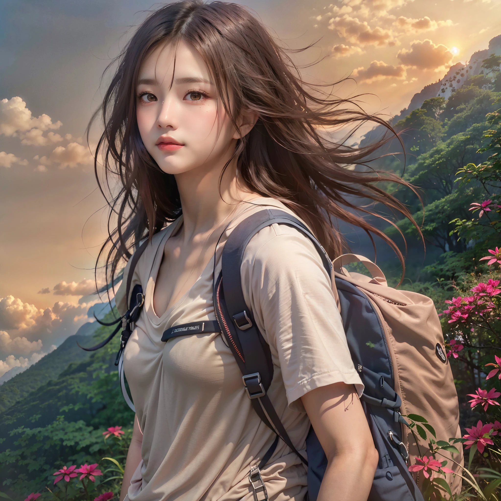 (Naturescape photography), (best quality), masterpiece:1.2, ultra high res, photorealistic:1.4, RAW photo, (Magnificent mountain, sea of clouds), (On a very high mountain peak), (sunset), (wideangle shot),  (Show cleavage:0.8),
(1girl), (Photo from the knee up:1.3), (25 years old), (smile:1.2), (shiny skin), (real skin), (semi-long hair, dark brown hair)
(Large white V-neck T-shirt, pink Trekking shorts), (Carrying a large backpack)
(ultra detailed face), (ultra Beautiful fece), (ultra detailed eyes), (ultra detailed nose), (ultra detailed mouth), (ultra detailed arms), (ultra detailed body), pan focus, looking at the audience, Colored leaves, autumnal