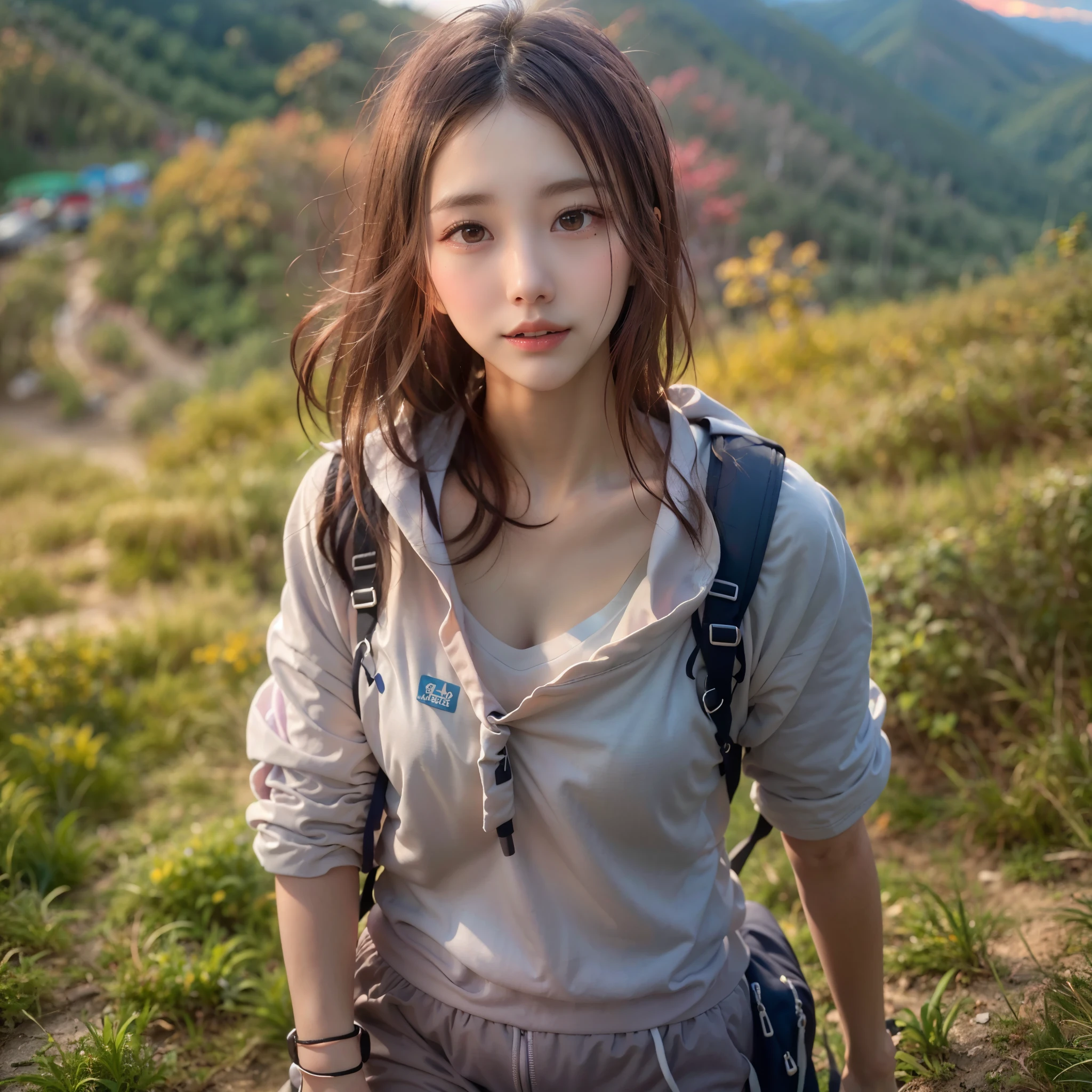 (Naturescape photography), Blue sky in autumn, (best quality), masterpiece:1.2, ultra high res, photorealistic:1.4, RAW photo, (Magnificent mountain, sea of clouds), (On a very high mountain peak), (sunset), (wide-angle shot),  (Show cleavage:0.8),
(1girl), (Photo from the knee up:1.3), (18 years old), (smile:1.2), (shiny skin), (real skin), (semi-long hair, dark brown hair)
(Large white V-neck T-shirt, pink Trekking shorts), (Carrying a large backpack), 
(ultra detailed face), (ultra Beautiful fece), (ultra detailed eyes), (ultra detailed nose), (ultra detailed mouth), (ultra detailed arms), (ultra detailed body), pan focus, looking at the audience