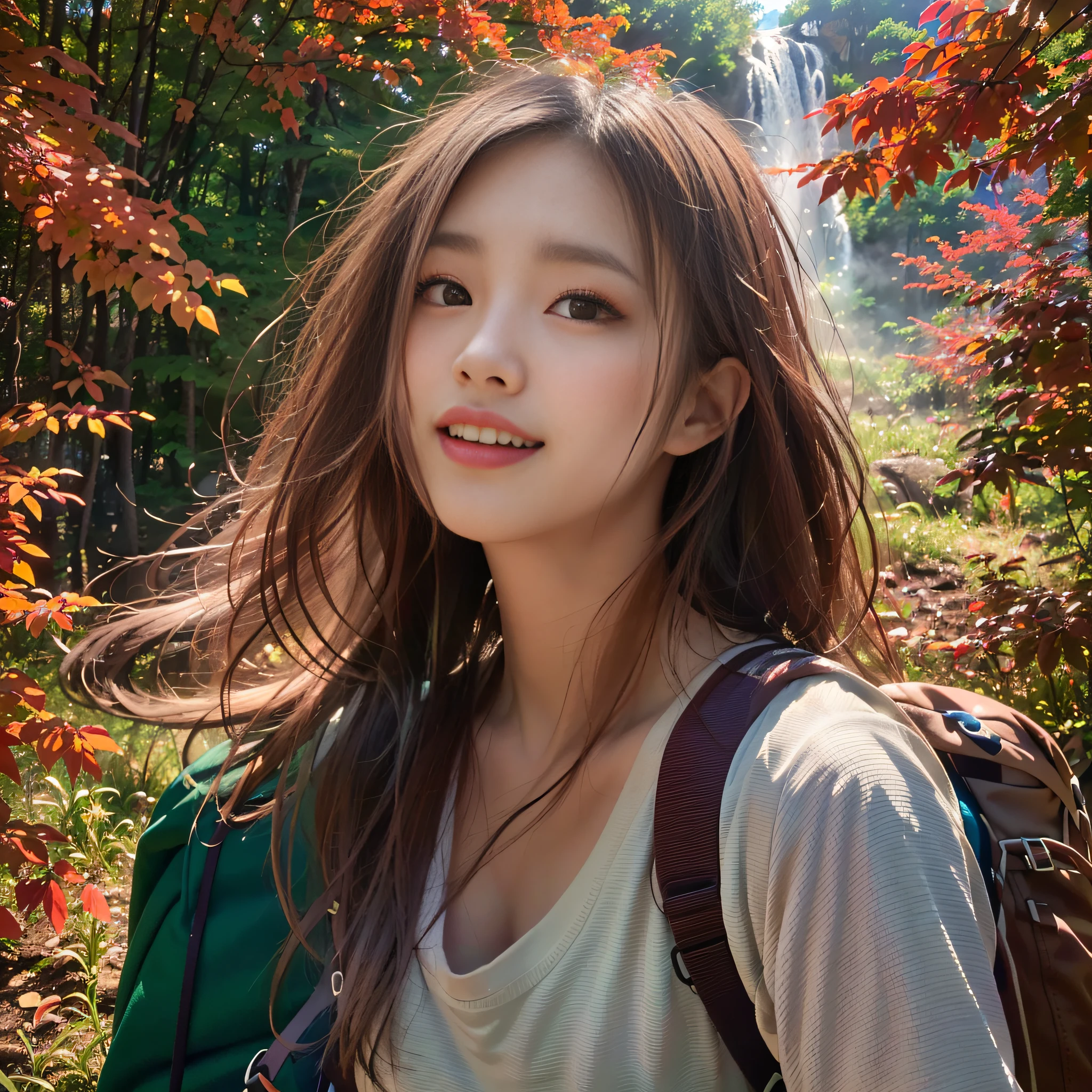 (Nature-scape photography), (best quality), masterpiece:1.2, ultra high res, photorealistic:1.4, RAW photo, (Magnificent mountain, sea of clouds), (On a very high mountain peak), (Blue sky in autumn, Red-colored forest), (wide-angle shot),  (Show cleavage:0.8),
(1girl), (Photo from the knee up:1.3), (18 years old), (smile:1.2), (shiny skin), (real skin), (semi-long hair, dark brown hair)
(green Mountain-Parker, Large white V-neck T-shirt, Trekking pants), (Carrying a large backpack), 
(ultra detailed face), (ultra Beautiful fece), (ultra detailed eyes), (ultra detailed nose), (ultra detailed mouth), (ultra detailed arms), (ultra detailed body), pan focus, looking at the audience