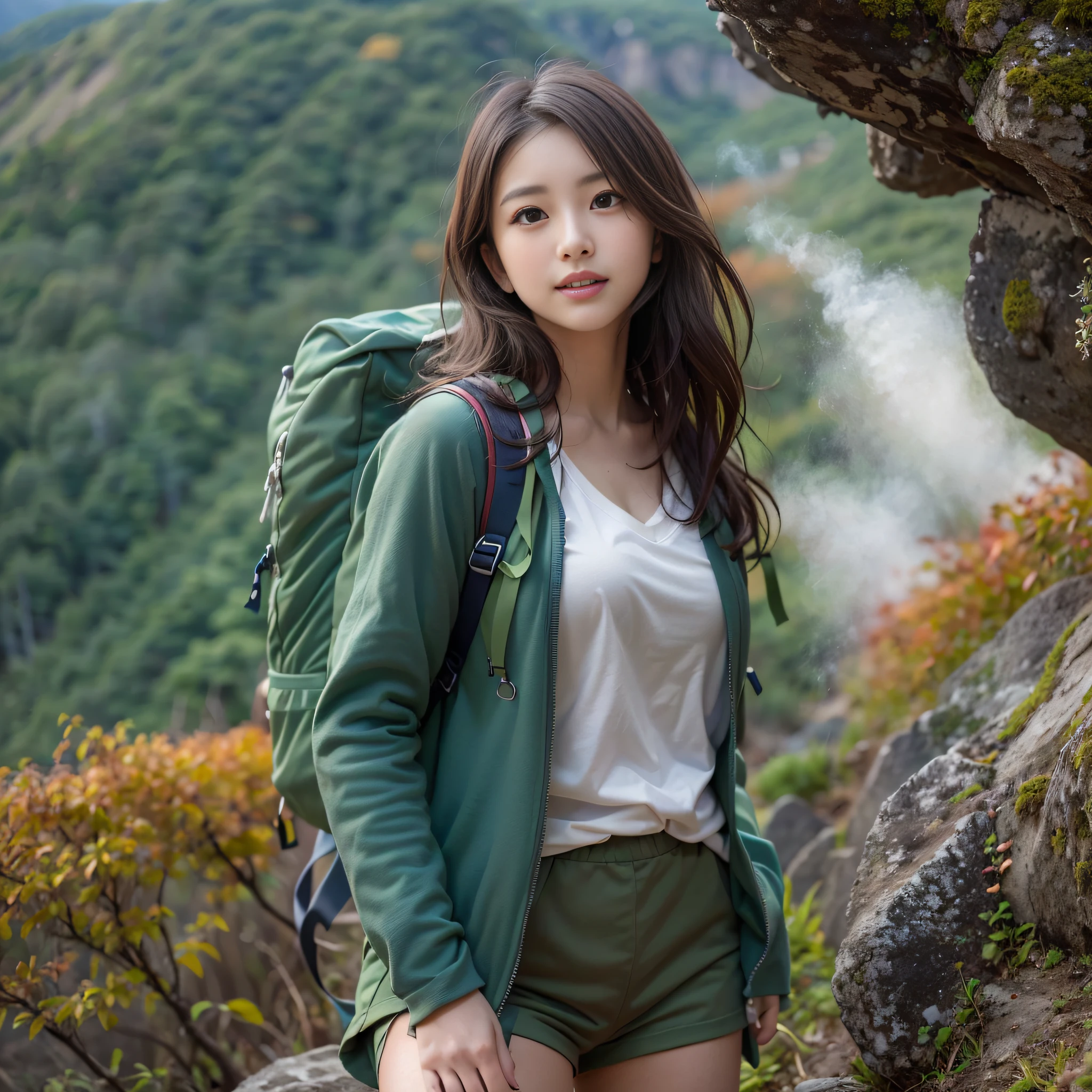 (Nature-scape photography), (best quality), masterpiece:1.2, ultra high res, photorealistic:1.4, RAW photo, (Magnificent mountain, sea of clouds), (On a very high mountain peak), (Blue sky in autumn, Red-colored forest), (wide-angle shot),  (Show cleavage:0.8),
(1girl), (Photo from the knee up:1.3), (18 years old), (smile:1.2), (shiny skin), (real skin), (semi-long hair, dark brown hair)
(green Mountain-Parker, Large white V-neck T-shirt, Trekking pants), (Carrying a large backpack), 
(ultra detailed face), (ultra Beautiful fece), (ultra detailed eyes), (ultra detailed nose), (ultra detailed mouth), (ultra detailed arms), (ultra detailed body), pan focus, looking at the audience