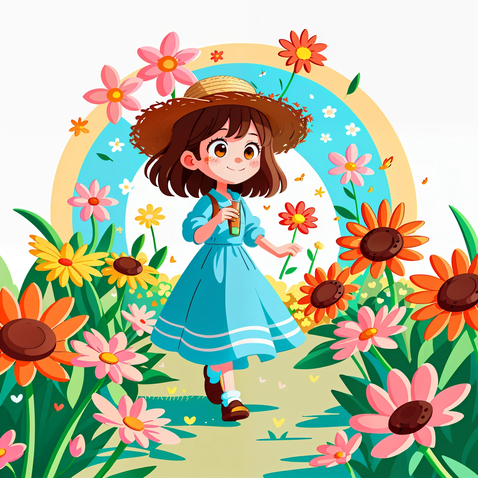 Girl with brown hair，put on spring clothes，springtime（Wearing a straw hat）（hold love in hands）Wandering among flowers，in the early morning，（There is love）Happy，Surrounded by love，Surrounded by love，O sign，vector，line art，designs，inspiration，straight line，RHAD