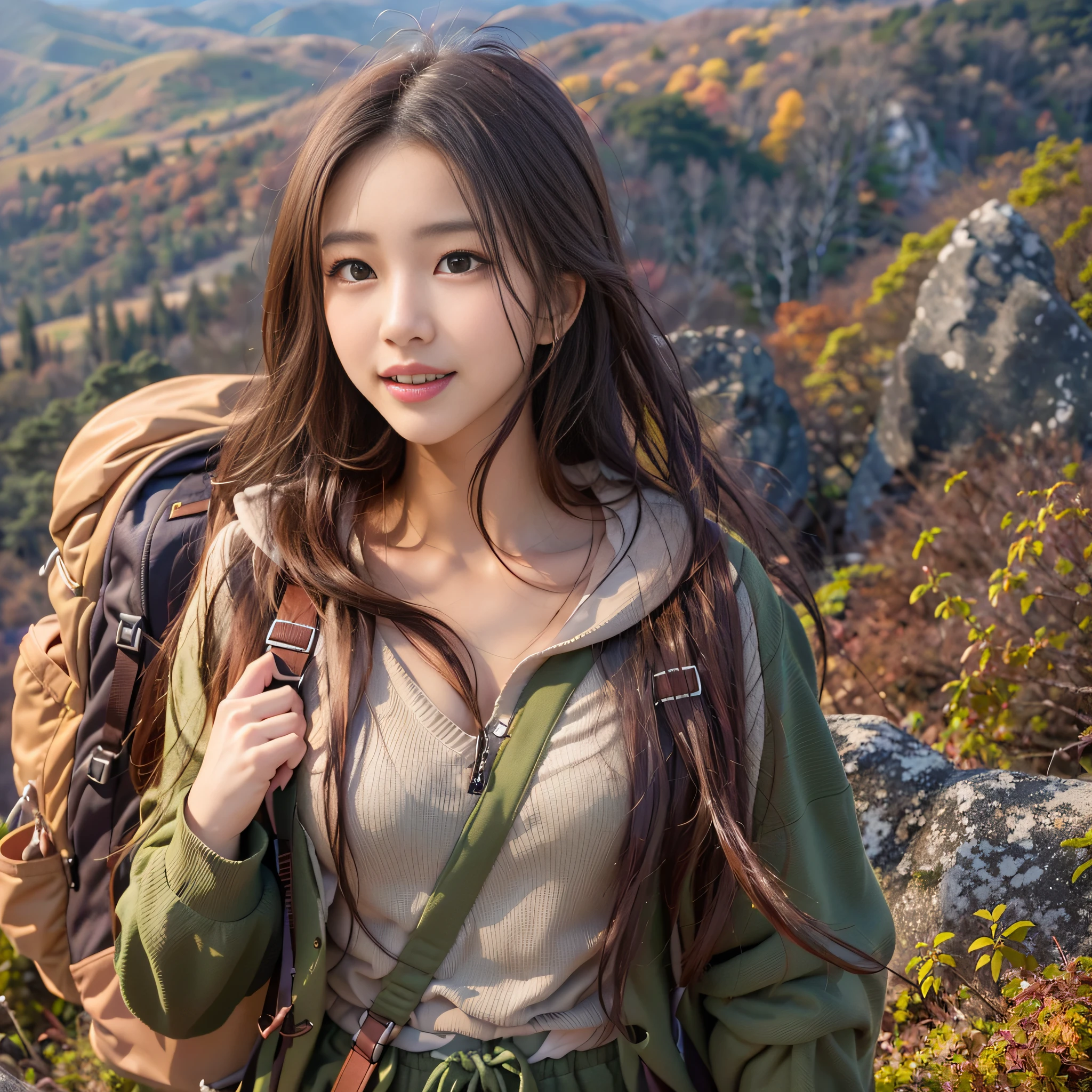 (Nature-scape photography), (best quality), masterpiece:1.2, ultra high res, photorealistic:1.4, RAW photo, (Magnificent mountain, sea of clouds), (On a very high mountain peak), (Blue sky in autumn, Red-colored forest), (wide-angle shot),  (Show cleavage:0.8),
(1girl), (Photo from the knee up:1.3), (18 years old), (smile:1.2), (shiny skin), (real skin), (semi-long hair, dark brown hair)
(green Parker, white V-neck T-shirt, brown Trekking pants), (Carrying a large backpack), 
(ultra detailed face), (ultra Beautiful fece), (ultra detailed eyes), (ultra detailed nose), (ultra detailed mouth), (ultra detailed arms), (ultra detailed body), pan focus, looking at the audience
