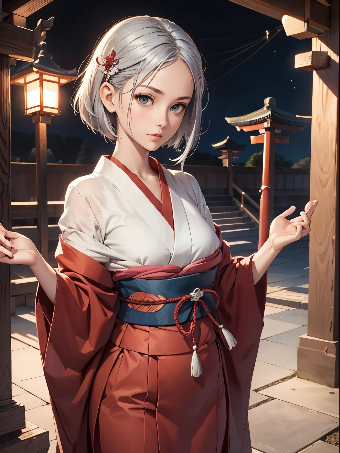 (masterpiece), (best quality), high resolution, ultra detail, photorealistic, 8K, intricate face, detailed body, detailed face, beautiful, 
BREAK
1girl, Beautiful girl, middle breasts, narrow waist, athletic body, (short hair, silver hair, Forehead, long eyes, grey eyes, long eyelashes, thick lips)
BREAK
shrine maiden, Shinto shrine, ipaper lantern, night
