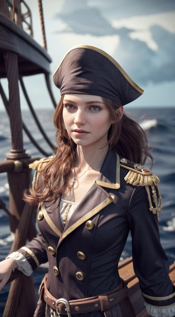 (chef-d&#39;œuvre, Meilleure qualité, primé, haute résolution), 1 belle femme pirate, maigre, grand, chapeau de pirate, vêtements de pirate complexes, design complexe et magnifique, très détaillé Beau visage, cheveux ondulés, cheveux fluides détaillés, standing at helm on navire pirate, navire pirate, Tempête, pluie, mer agitée, contexte détaillé, éclaboussure d&#39;eau, détail extrêmement CG, Ultra détaillé