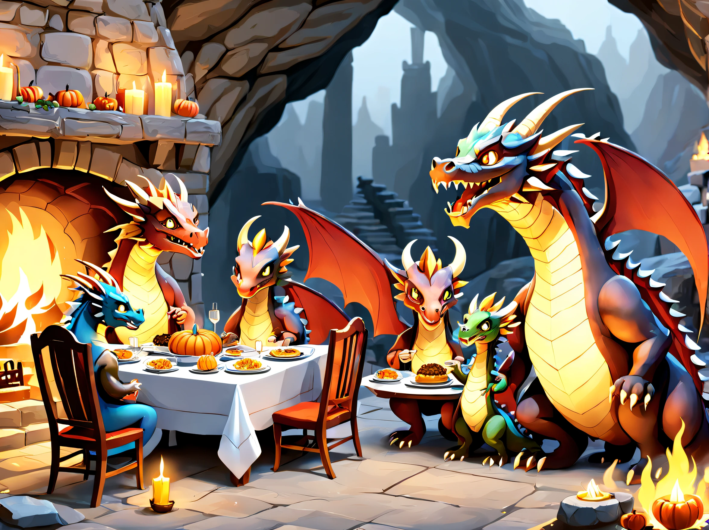 Una familia de dragones antropomórficos cenando en acción de gracias frente a una gran chimenea en una cueva.