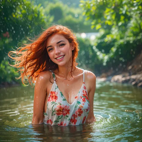 (masterpiece, 8k, best quality:1.2), in the river, outdoor, 1girl, 22 yo greek woman,  smile, looking at viewer, skimpy patterne...