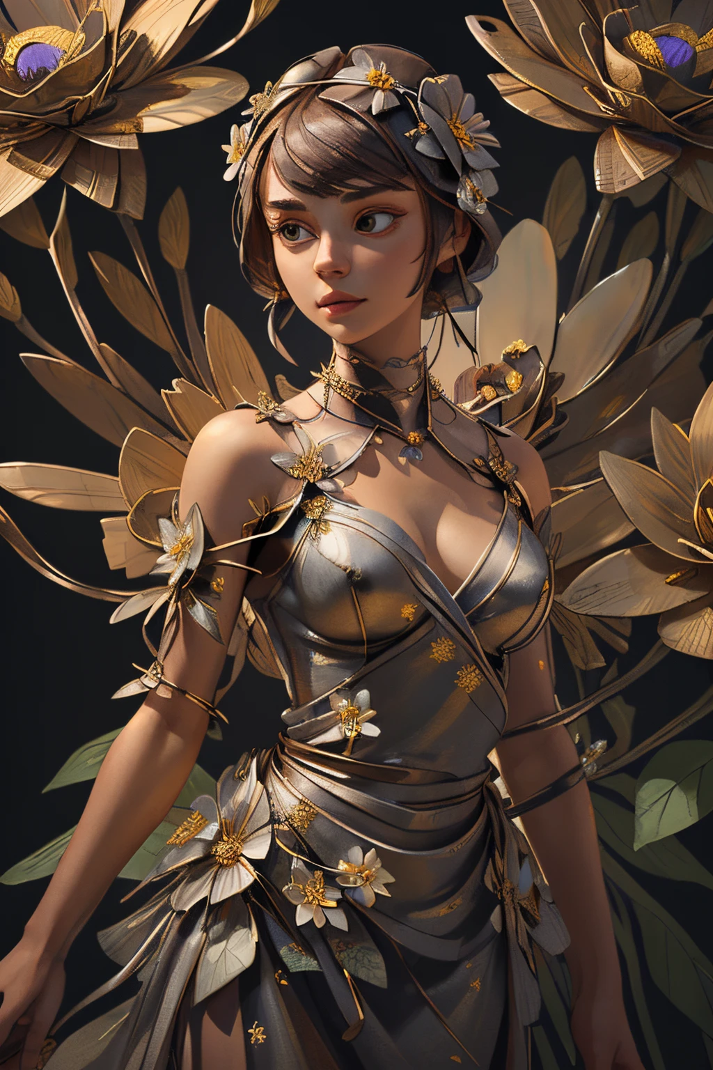 (masterpiece, best quality, ultra-detailed, an extremely delicate and beautiful), 1woman, dress, (many metal flowers wrap around her body:1.5), photorealistic, depth of field, professional lighting, caustics,