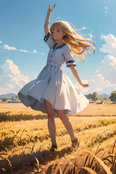 Fresh painting style，Full Body Angle:1.5,In the wheat field，girl with，Keep hands away from sunlight，Bright sky，Looking Up，Anime ...