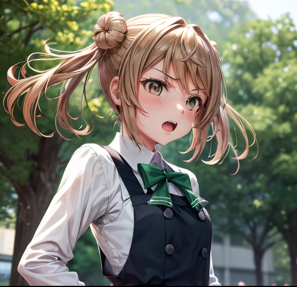 {{love live!}},{{masterpiece}}, {highly detailed}, ,(masterpiece, best quality:1.2), upper body, MichishioKC, {{from below}}, angry, shouting, school uniform, pinafore dress, green ribbon, looking at viewer, small breast, long sleeve